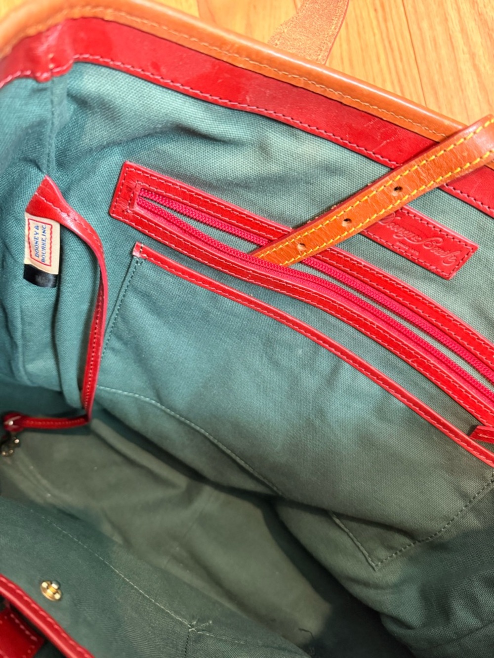 Dooney & Bourke Green Red Plaid Tote with Brown Trim - Picture 2 of 7